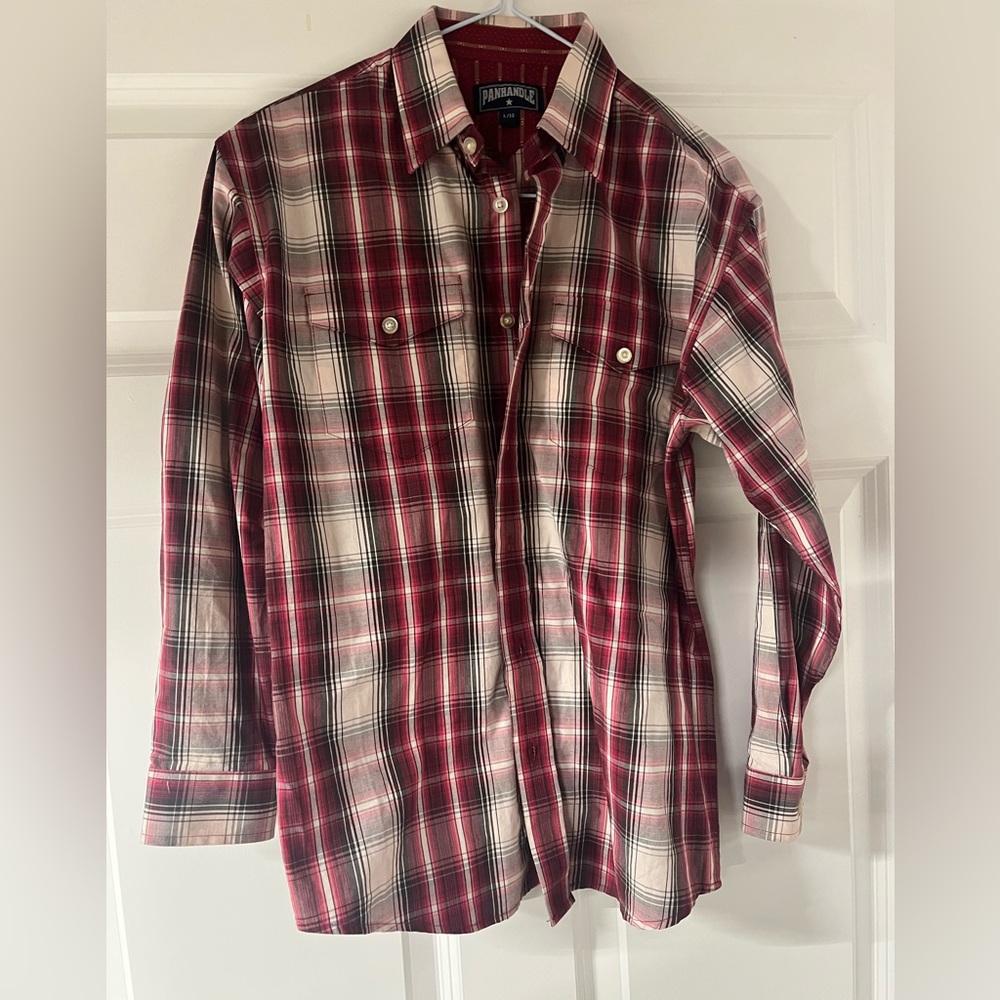 Panhandle Slim Boy’s Button Down Plaid Western Shirt
Sz L 14
Maroon/black/white